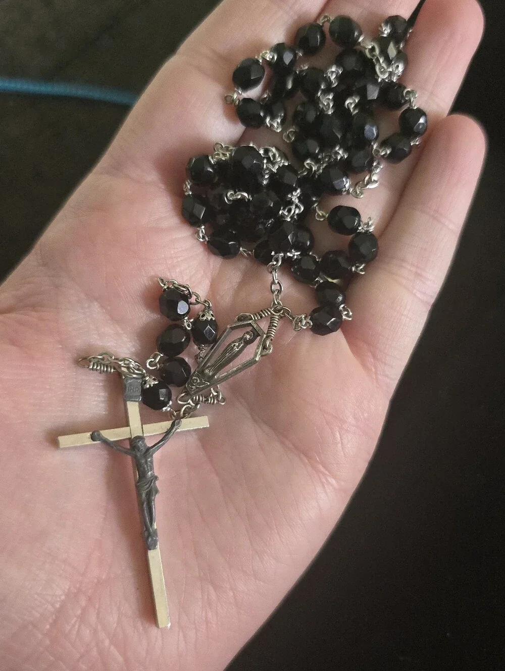 Vintage Rosary Black Faceted Glass Beaded Silver Tone Mary Catholic